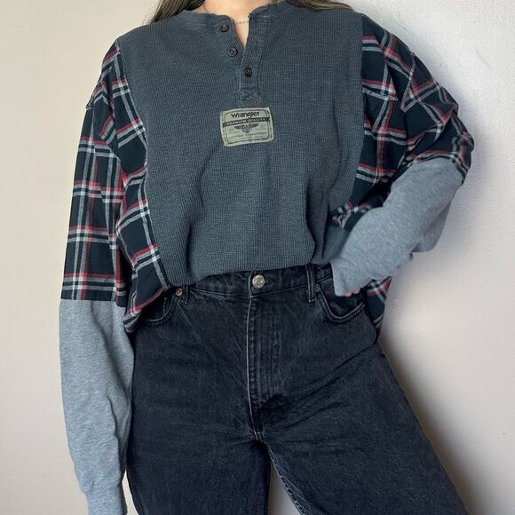 Reworked Vintage Wrangler Long Sleeve Henley Plaid Flannel Western Shirt Top - Picture 1 of 5